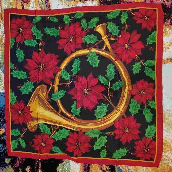 Vintage Silk Poinsettia Horn Holiday Scarf - Picture 5 of 8